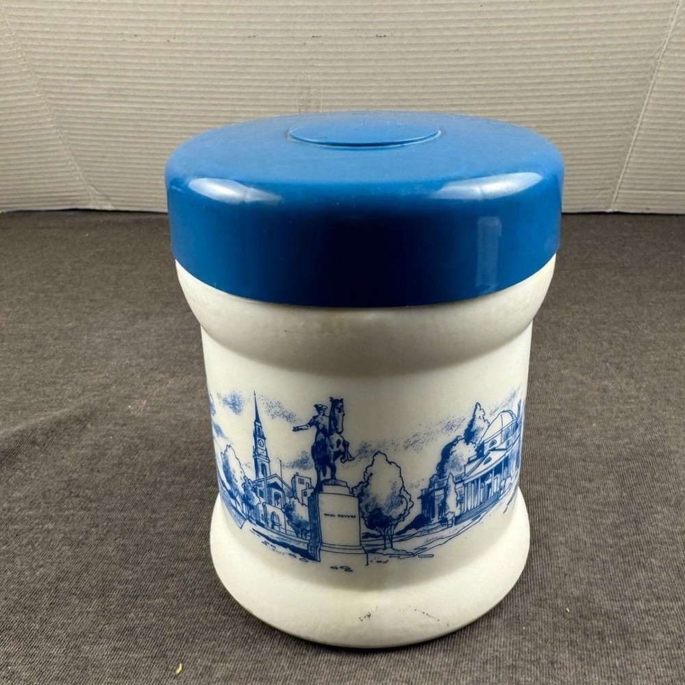 Vintage Milk Glass Canister Blue Paul Revere Boston Scene Jar with Blue Lid